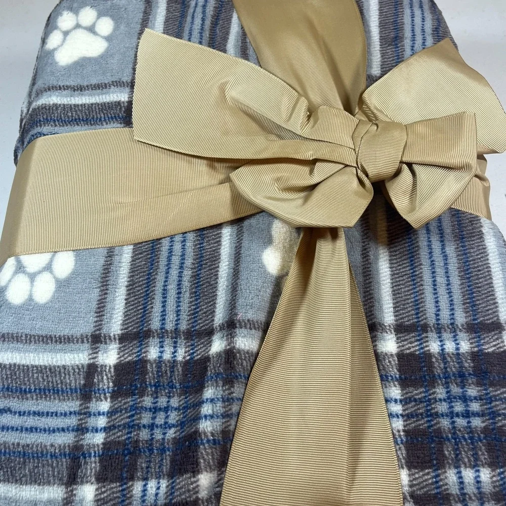 Humane Society Decorative Throw Blanket 60x70 Gray Plaid Fleece with Paw Prints